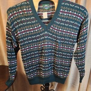 Vintage Jantzen USA Fair Isle Cotton Sweater L Green Nordic Grandpa Preppy